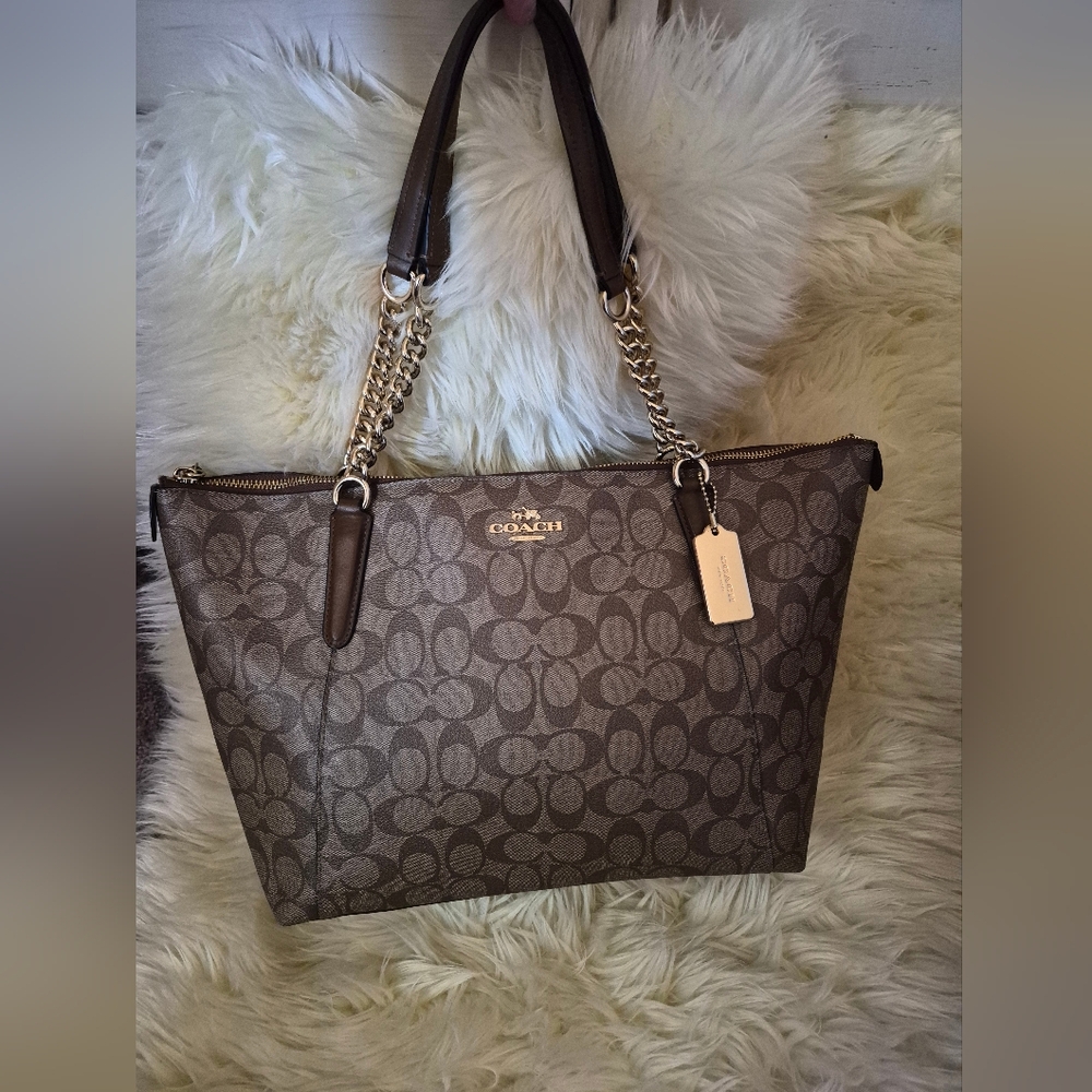 Coach Ava Chain Tote in Signature Tan Canvas